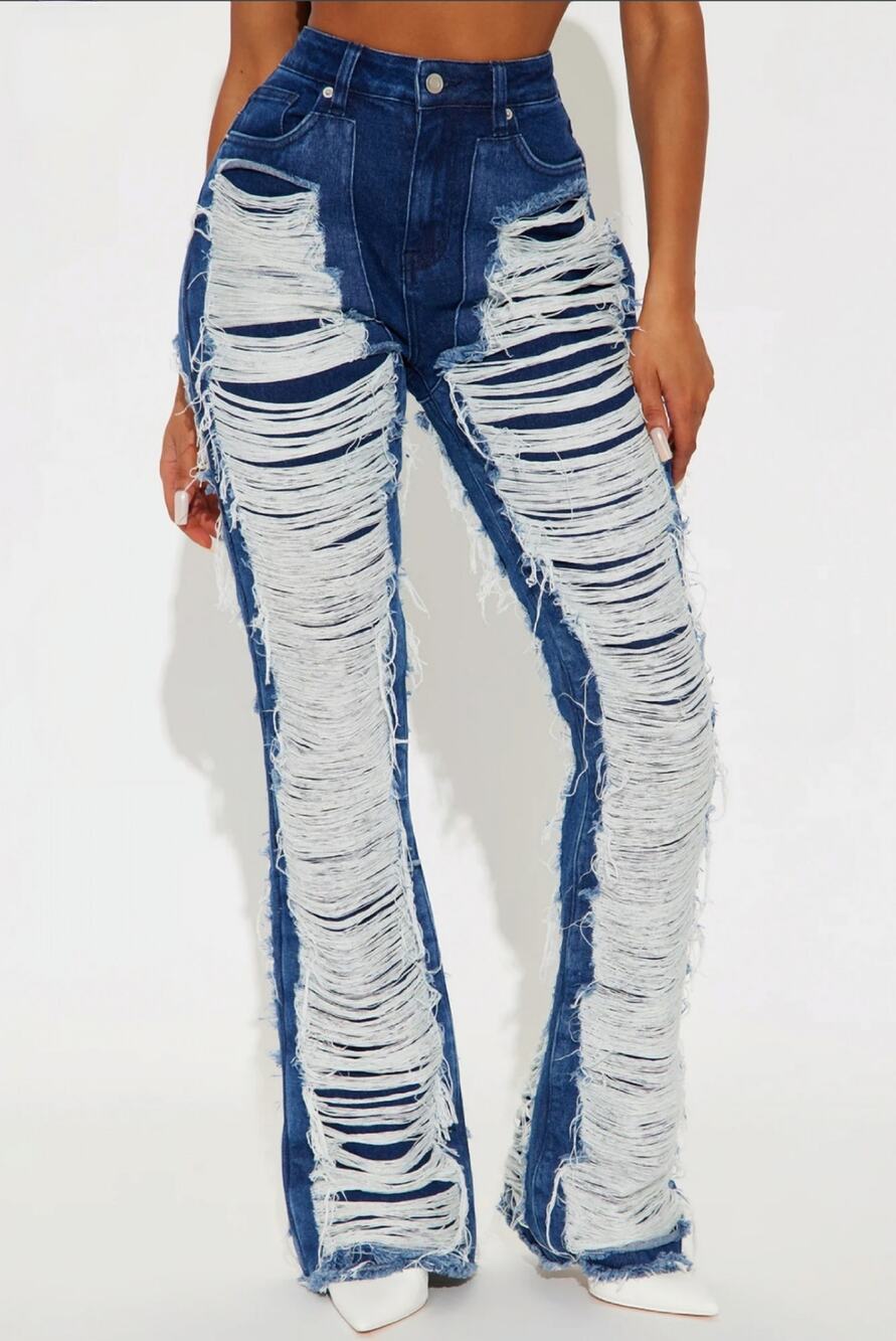 NWT Dark Wash FASHION NOVA Know the Drill Shredded Bootcut Flare Jean's Size 5